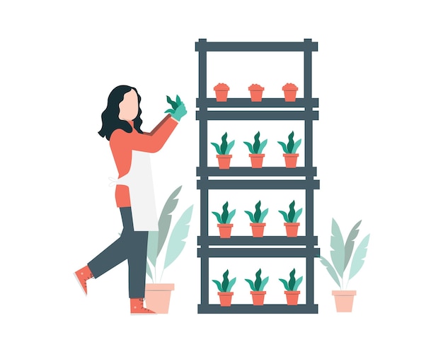 Vector female gardener standing near shelves with plants for sustainability practices illustration concepts