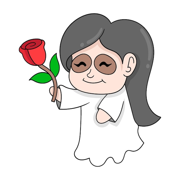 Female ghost walking with a red rose doodle icon image kawaii