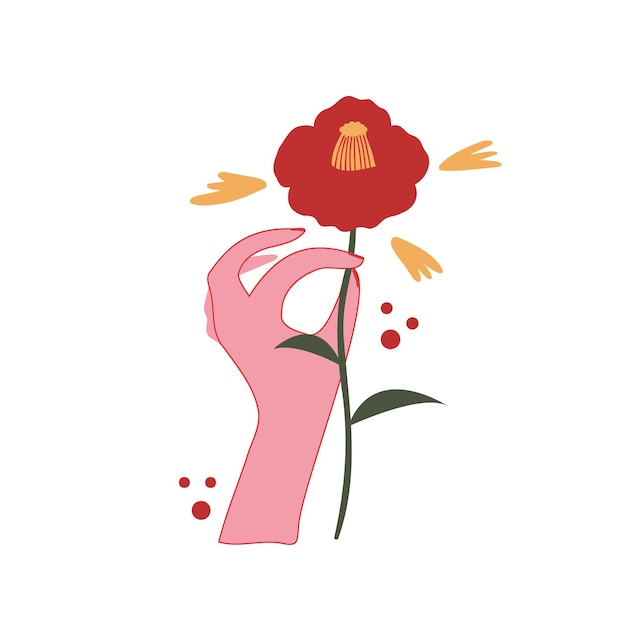 Female graceful hand holds japanese camellia hand drawn vector illustration Flower