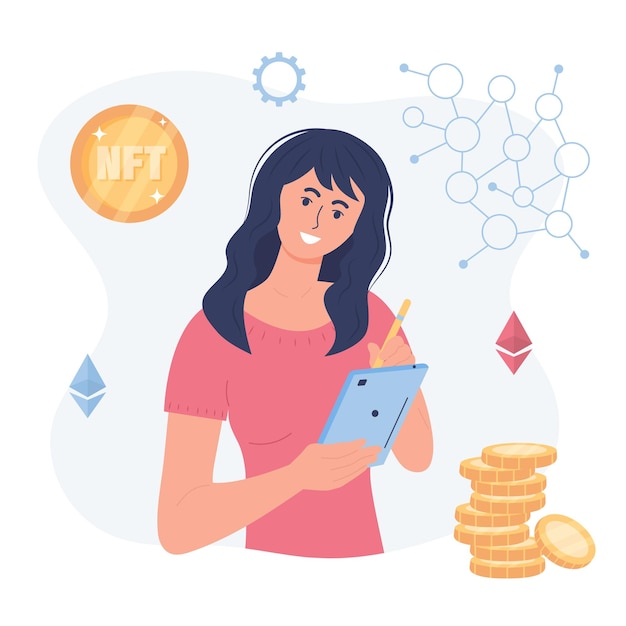 Female graphic designer drawing on a tablet an illustration of NFT nonfungible token blockchain