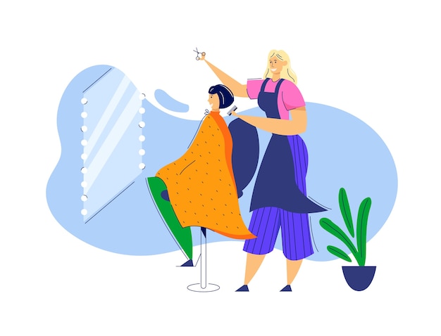 Vector female hairdresser cutting hair of young woman character.