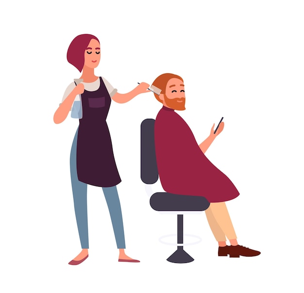 Female hairdresser styling hair of her smiling male client sitting in chair and holding smartphone. Happy man in hairdressing salon isolated on white background. Flat cartoon vector illustration