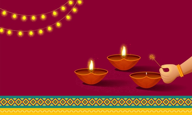 Female Hand Burning Diya From Firecracker Stick And Lighting Garland On Red Background With Copy Space