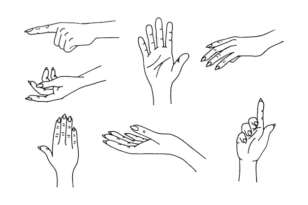 Female hand drawing set doodle line art vector illustration in various relaxing poses