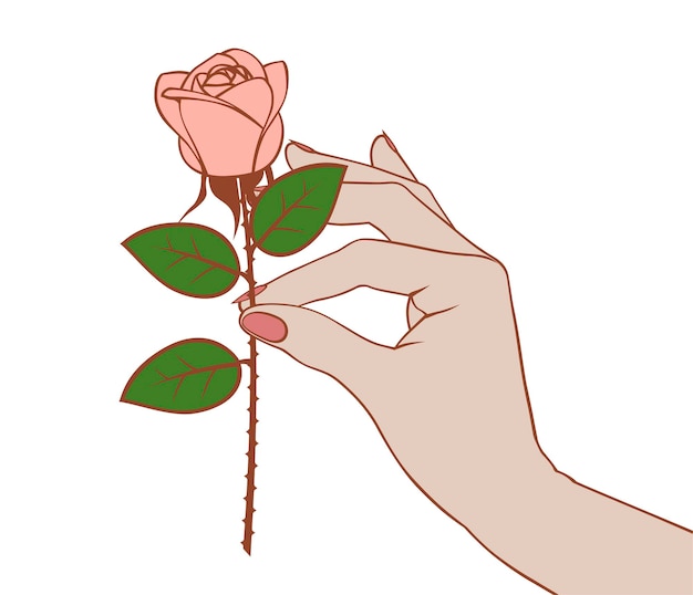 Female hand holding on the palm a pink rose. Retro style valentine's  design.