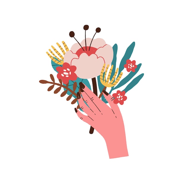 Female hand holding small blooming bouquet with peony bud. Woman with a bunch of beautiful cut flowers. Modern floral gift. Flat vector cartoon illustration on white background.