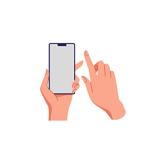 Female hand holding smartphone. Empty screen, phone mockup. Application on touch screen device. 