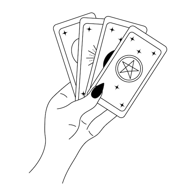 Female hand holding tarot cards Magic symbol of fortunetelling and prediction Vector illustration