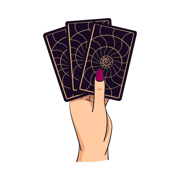 Female hand holds magic tarot cards symbol of fortunetelling and prediction astrology isolated on white background vector