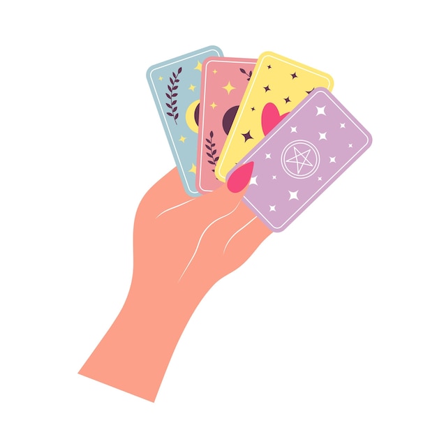 Vector female hand holds magic tarot cards with different signs esoteric symbol of fortune telling