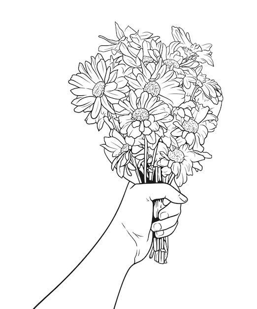 Female hand presenting a flower bouquet in line art style