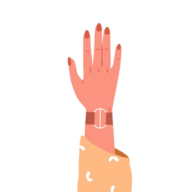 Female hand raised up. Women wrist with leather bracelet and red nails on fingers. Arm with jewellery, accessories, gesturing, rising. Flat vector illustration isolated on white background