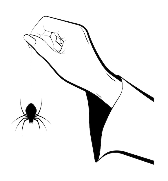 Female hand of sorceress holds a huge spider on web Celebration of Halloween in fancy dress Magic and witchcraft rituals Black and white vector