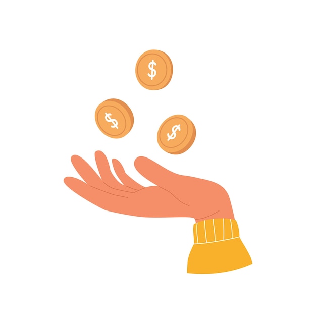 Female hand with flying gold coins Cash currency concept Saving money