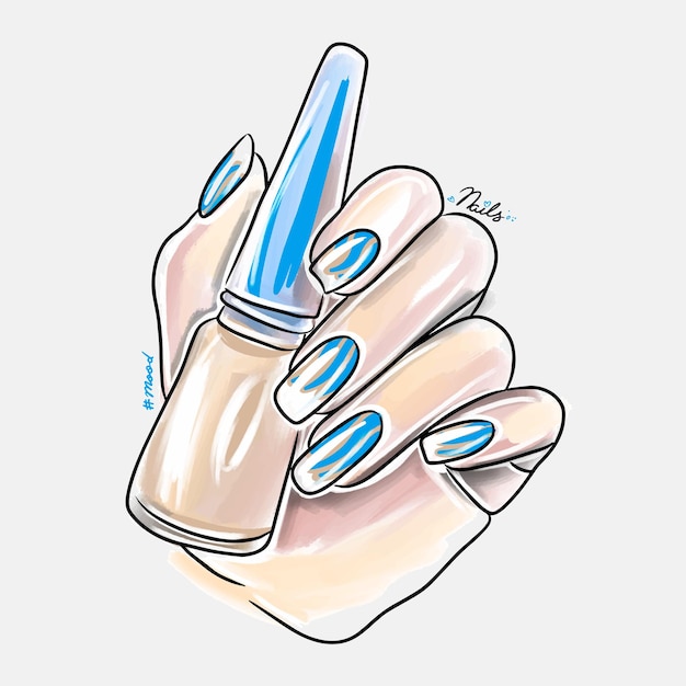 Female hand with long nails holds nail polish trendy nail design