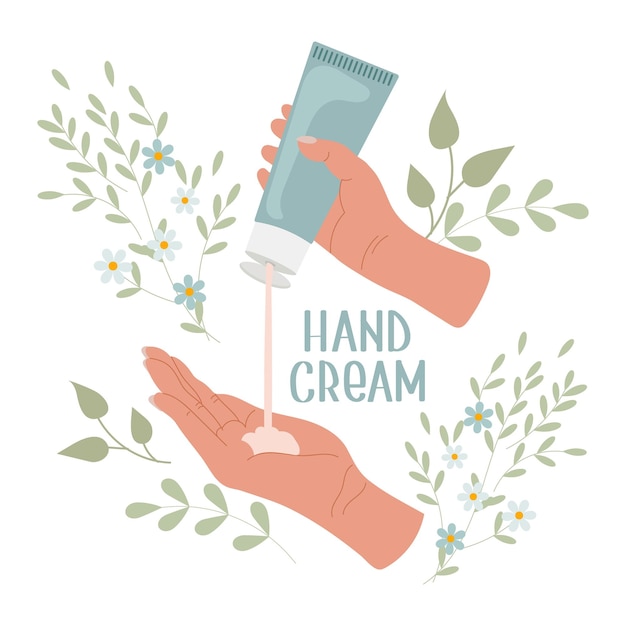 Female hands apply cream from a tube Hand cream Routine skin care Daily organic cosmetics