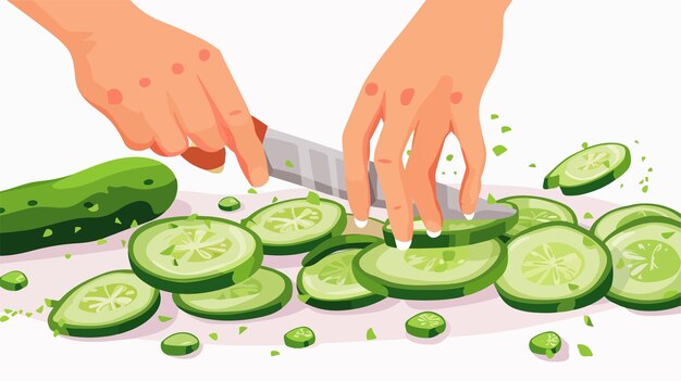 Vector female hands cutting cucumbers in flat style vector illustration