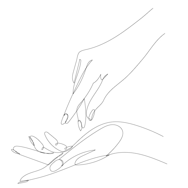 Female hands drawing by one continuous line, on a white background, vector