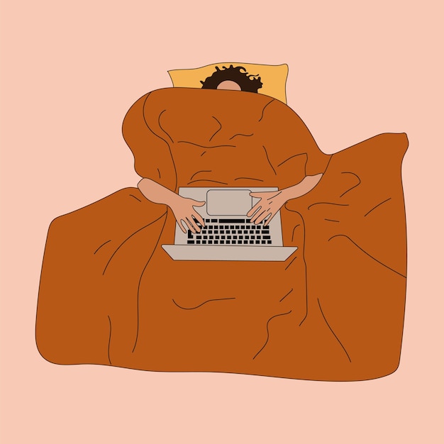 Female hands and head sticking out from under the blanket.Person use laptop  under soft cozy blanket