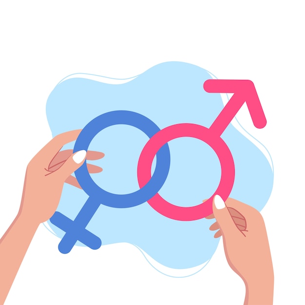 Female hands hold gender symbols. Gender norms concept, vector illustration