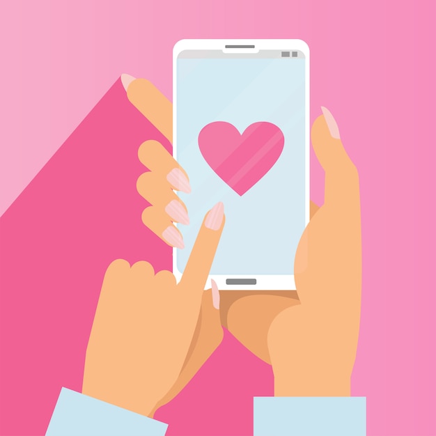 Female Hands holding phone with big heart on screen.