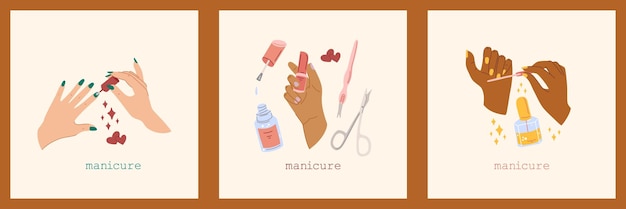 Vector female hands and manicure accessories vector illustration of paint nails polishing nails set