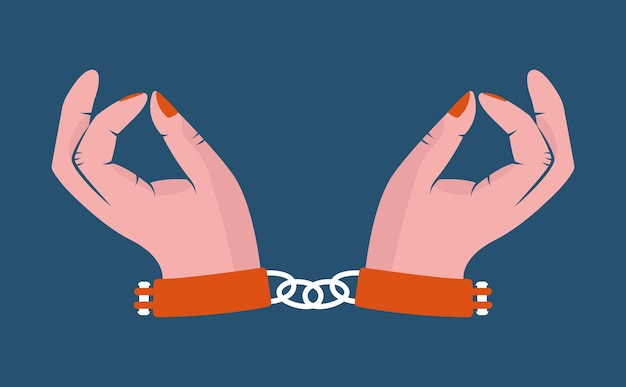 Female hands in shackles Vector flat illustration Clip art with woman's hands handcuff