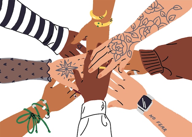 Female hands together Diverse women work in team involvement in community Trust support in teamwork concept People put arms in circle Flat isolated vector illustration on white background