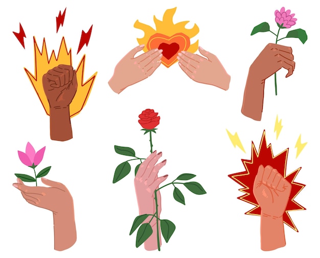 Female hands with flowers strong gesture burning heart Feminism love yourself concept Cartoon vector illustration set Flat simple cliparts isolated on white