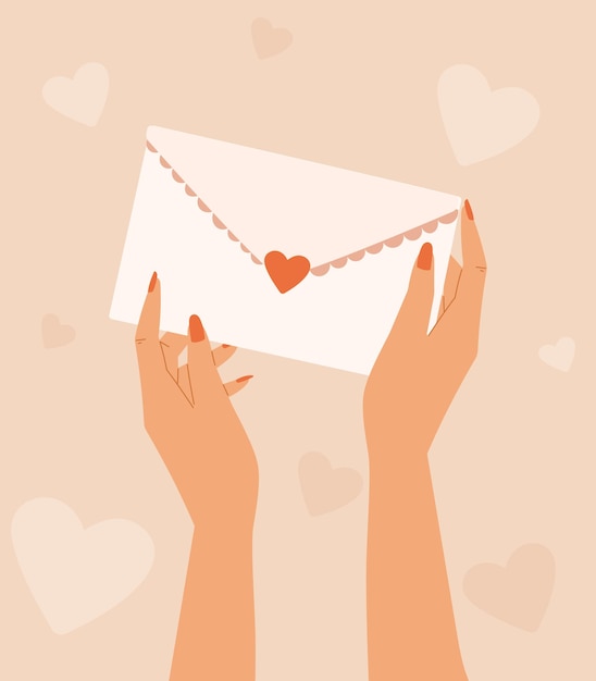 Female hands with manicure holding envelope with a love letter Vector postcard or banner for valentines day