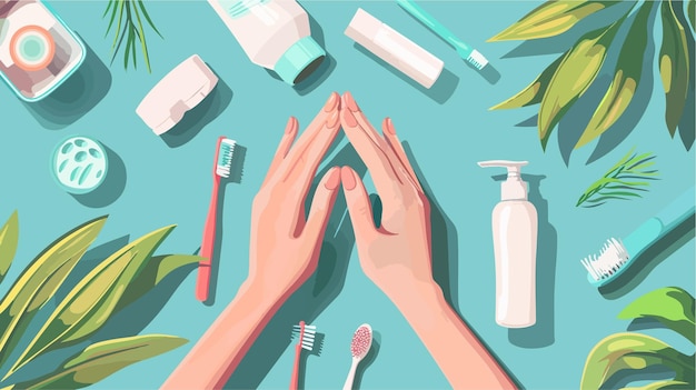 Female Hands with Oral Hygiene Supplies on Color Background