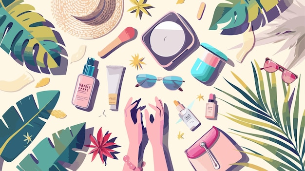 Female Hands with Travel Cosmetics Kit and Beach Accessories