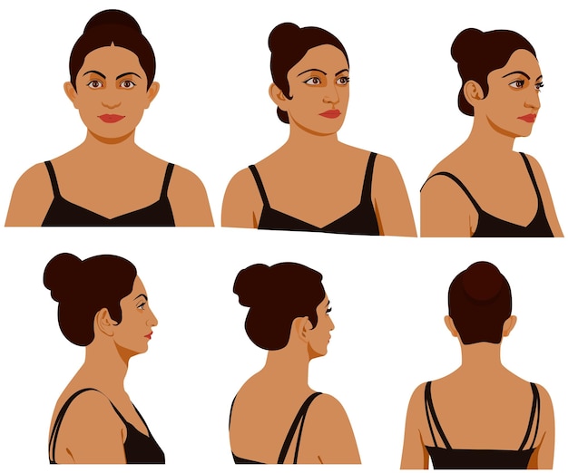 Female head character for animation front side back turnaround