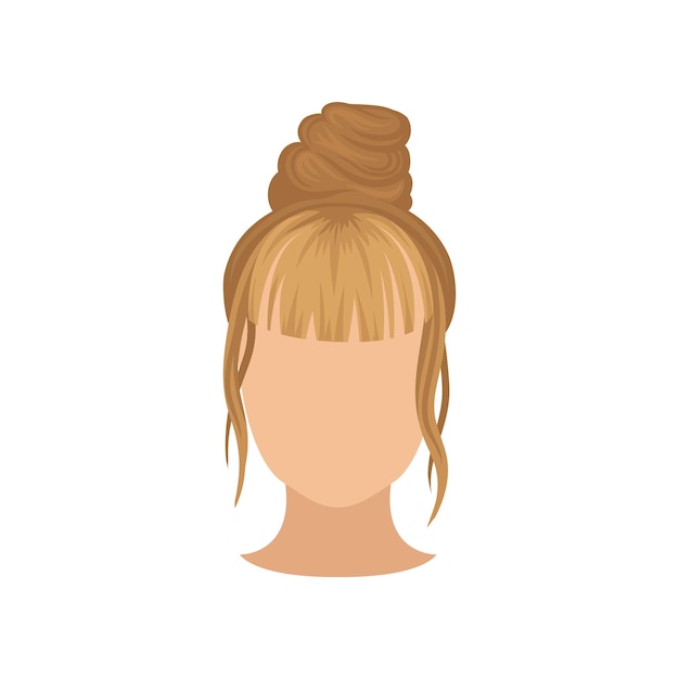 Female head with trendy hairstyle top bun and long bang Fashionable hairdo Flat vector for poster of hairdressing salon