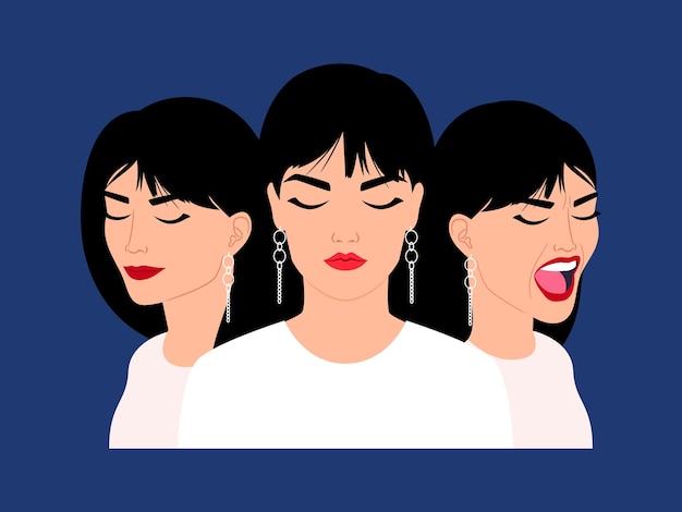 Female heads with diversity emotions. Cartoon woman faces with variety of facial feelings, vector illustration of profile with smiling, neutral and screaming expressions