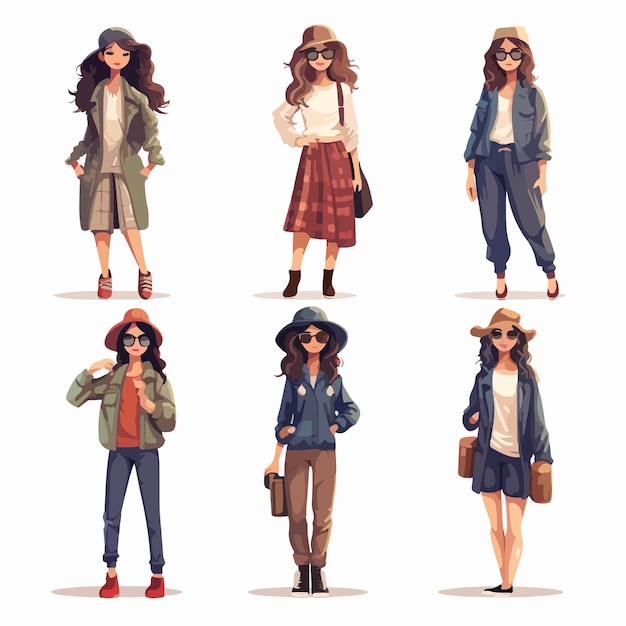 Vector female hipster wearing various costumes