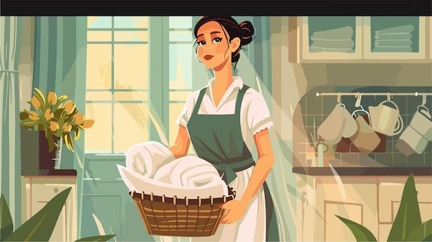 Female Housekeeper with Clean Towels in Basket Indoors