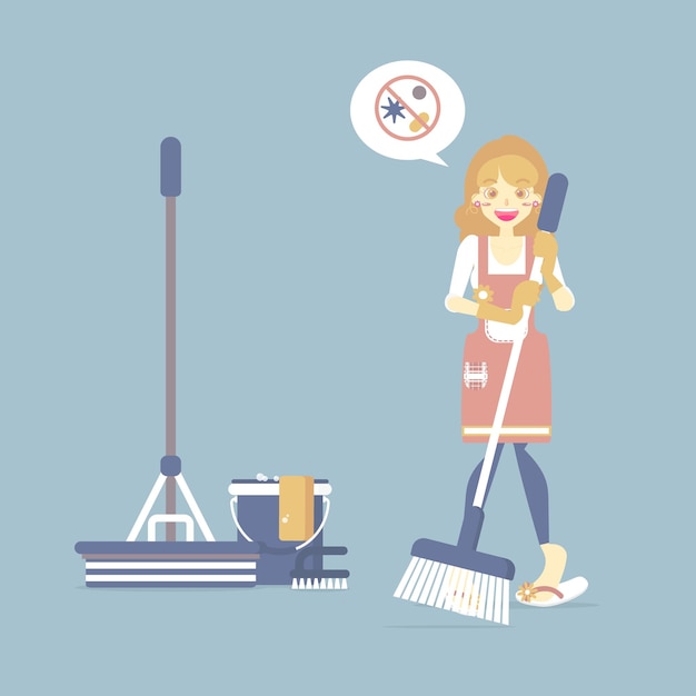 Female housekeeper woman holding broom with mop bucket chore cleaning concept