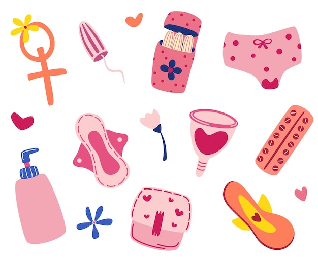 Female hygiene product items. Menstrual period. Set of hand drawn images: menstrual cups, tampon, contraceptives, pads, panties, hearts. Vector illustration items for menstruation isolated.