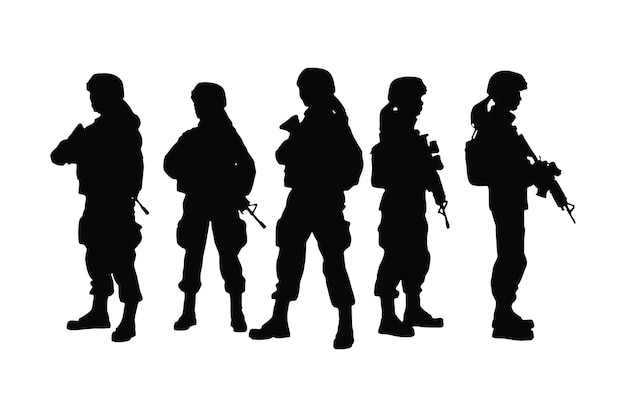 Female infantry with tactical gear standing in different position silhouette set vector Girl soldiers with anonymous faces Women army with weapon silhouette collection Soldier girl silhouette