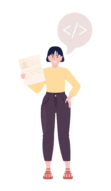 Female job applicant with programming experience semi flat color vector character