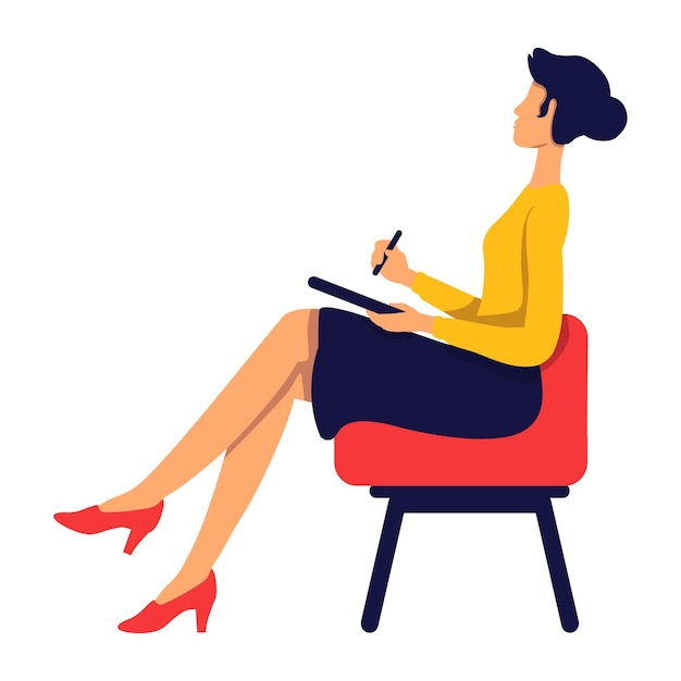 Female journalist sitting in armchair semi flat color vector character Full body person on white Taking interview simple cartoon style illustration for web graphic design and animation