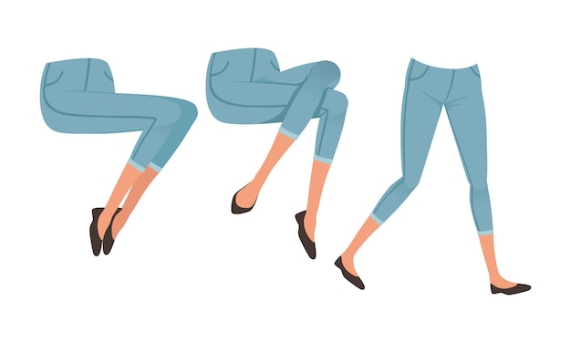 Vector female legs in denim breeches and shoes in various poses set girl character creation detail cartoon vector illustration