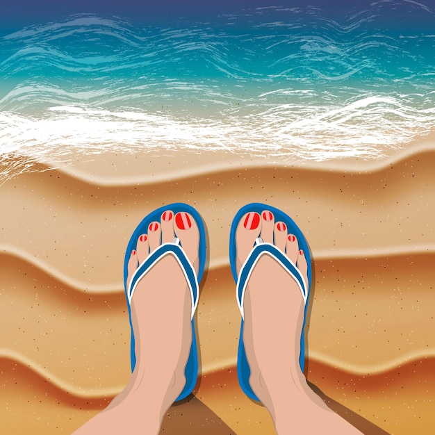 Female legs in flip flops on sand beach and sea