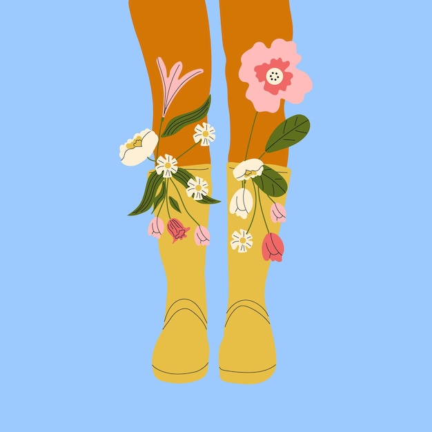 Female legs in the rubber boots. Cool footwear with flowers. High socks . Hand drawn vector colored