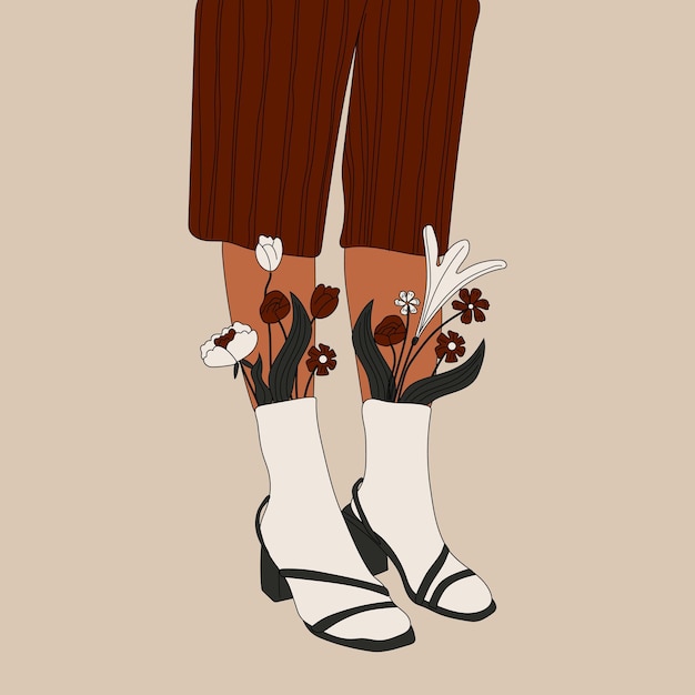 Female legs in the sandals. Cool footwear with flowers. High socks . Hand drawn vector colored trend