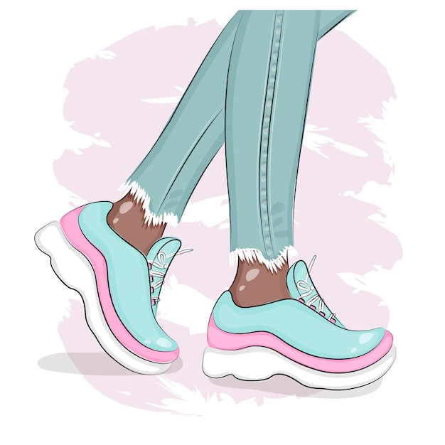 Female legs in sneakers and jeans sketch fashion illustration clothes and shoes textile print postcard packaging vector illustration