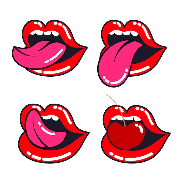 Female lips set. Woman mouth with a tongue, teeth and cherry.