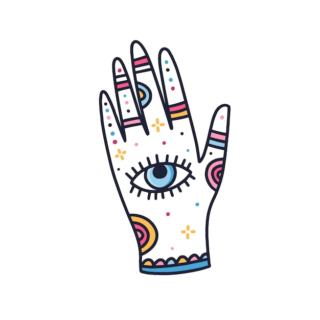 Female magician hand with all seeing eye and ornament isolated on white background. Line art vector illustration with enchantress hand. Symbols of astrological prediction and fortune telling.