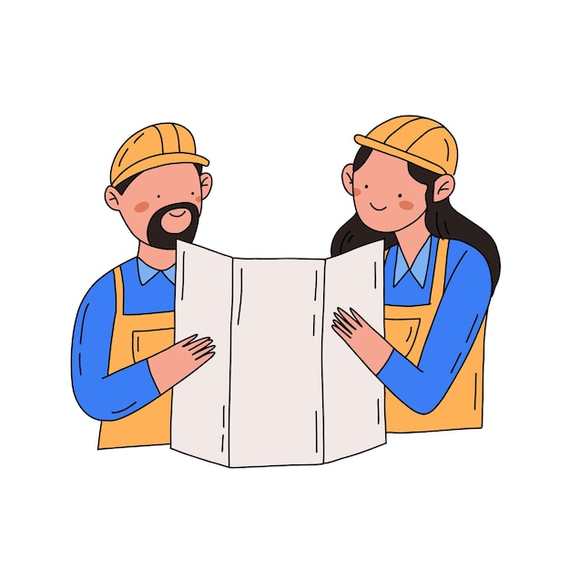 Female and male architects in hardhats looking and blueprint. Hand drawn flat people illustration.